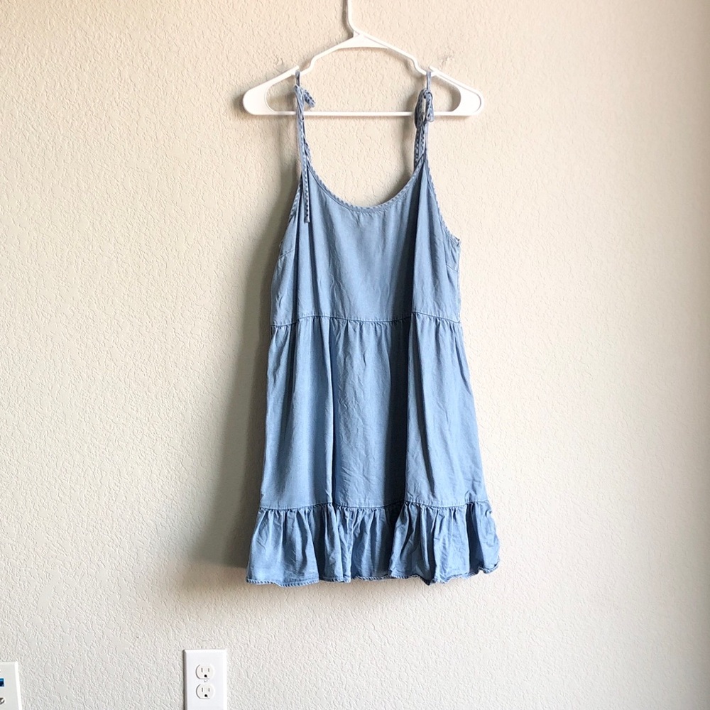 Lulus Blue Chambray Tie Strap Dress Tiered Babydoll Western Cowgirl Rodeo XL